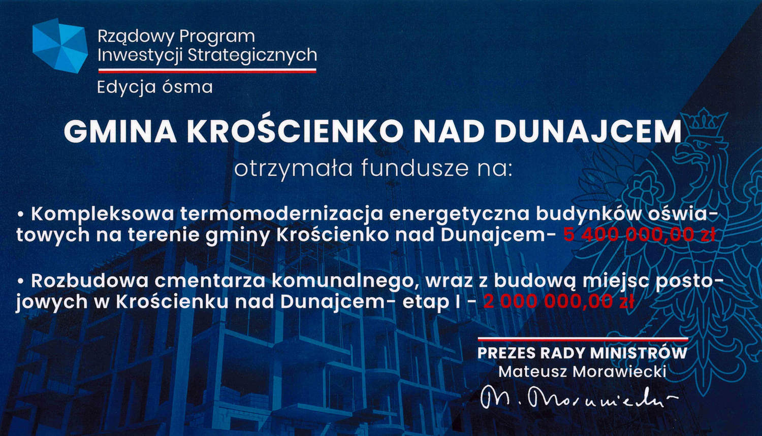 Dofinansowanie z Rządowego Programu Inwestycji Strategicznych dla Gminy Krościenko nad Dunajcem